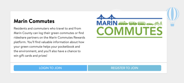 Screenshot, Marin Commutes Rewards landing page. Register or log in to join.